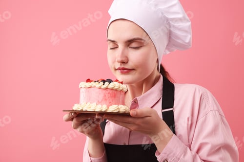 Preview: Confectioner holding delicious cake on pink background, space for text