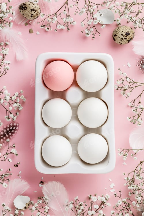 Preview: Eggs in white ceramic holder and flowers on pink background, flat lay