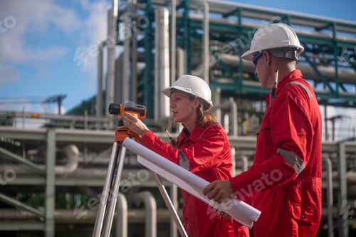 Preview: Surveyor engineers team wearing safety uniform and blueprint checking inspection by theodolite teles