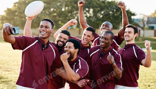 Preview: Rugby, success or happy team in selfie to celebrate goals, achievement or group victory together on