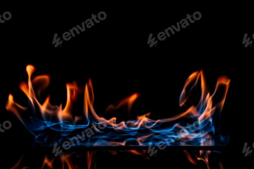 Preview: close up view of burning orange and blue flame on black background