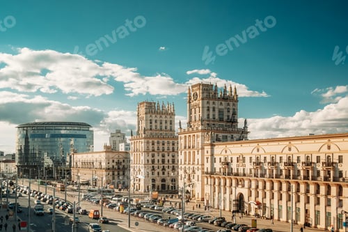 Preview: Minsk, Belarus. Two Buildings Towers Symbolizing The Gates Of Minsk, Station Square. Crossing The
