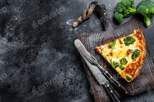 Preview: Pie tart with smoked salmon and broccoli. Black background. Top view. Copy space