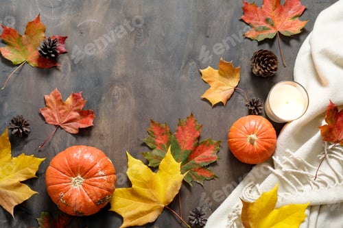Preview: Autumn mood composition. Fallen leaves and pumpkins on wooden table background.