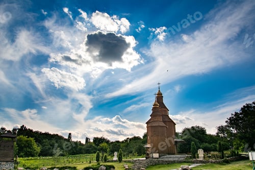 Preview: Old church on a blue sky background. Beautiful landscape