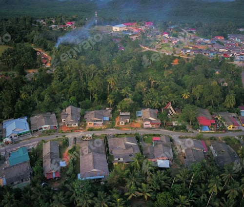 Preview: Drone shot of houses from top view in Felda Air Tawar 4, Kota Tinggi, Johor, Malaysia