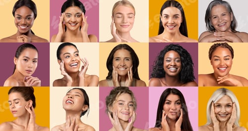 Preview: Diverse women showcasing skincare routines against colorful backgrounds