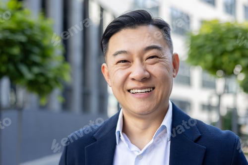 Preview: Confident asian businessman smiling in urban setting with trees and building