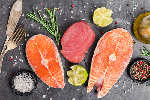 Preview: Raw tuna and salmon steak
