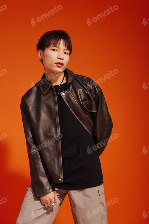 Preview: Style and confidence showcased by a fashionable asian man in a vibrant orange backdrop