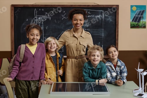 Preview: Teacher with Diverse Group of Children Smiling at Camera