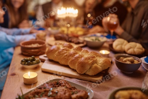 Preview: Challah bread on dining table with Jewish family in the background.
