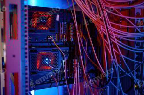 Preview: Network panel, switch and cable in data center with neon light tone