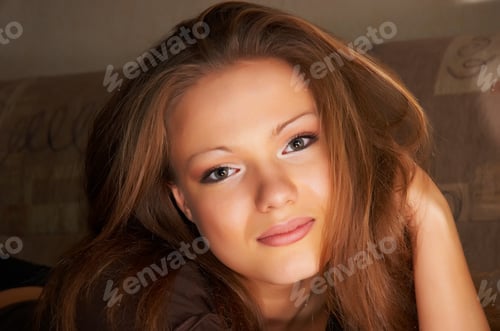Beautiful Young Woman Portrait with Long Brown Hair
