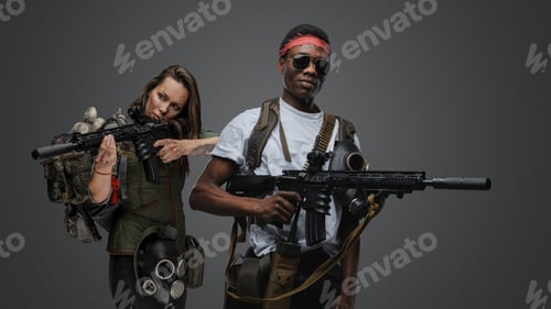 Preview: Brutal black guy with sunglasses and woman with rifle