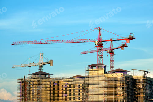 Preview: Tower cranes and frame structure of high residential apartment buildings at construction