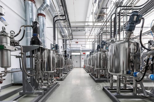 Preview: Photo of gray pipes and tanks. Chemistry and medicine production. Pharmaceutical factory. Interior