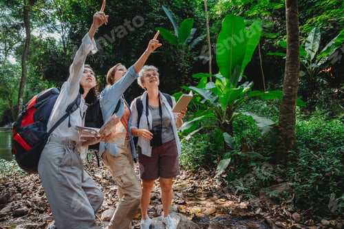 Preview: woman family or friends group trekking travel in adventure lifestyle, nature hiking in vacation