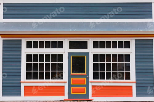Preview: Small store front entrance colorful wooden house