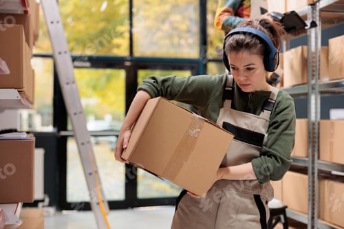 Preview: Storehouse worker carrying carton box analyzing checklist