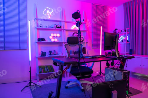 Preview: Background of gaming room with neon light , live streaming equipment .