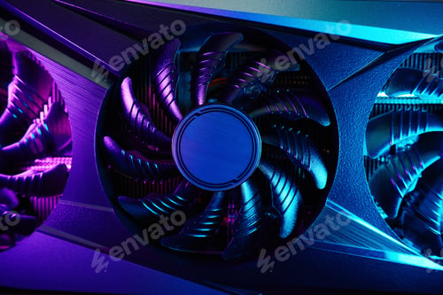 Preview: Modern gaming graphics card illuminated by neon lights