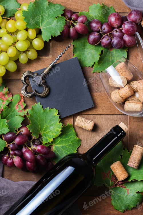 Preview: Wine tasting and degustation concept. Grape vine, bottle, glasses, corkscrew