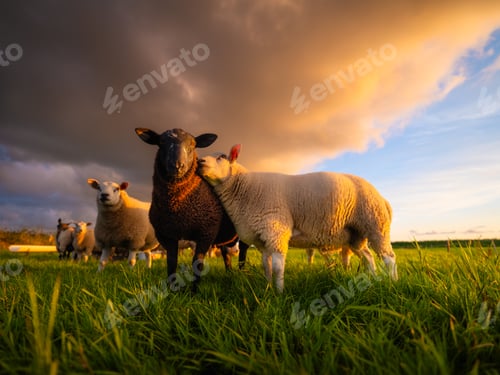 Preview: Sheep in a meadow during a bright sunset. Agriculture. Animals on the farm. Food production.