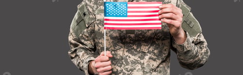 Preview: panoramic shot of soldier holding american flag isolated on grey