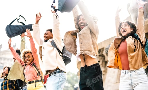 Preview: International students jumping and cheering by the end of school at Barcelona city center