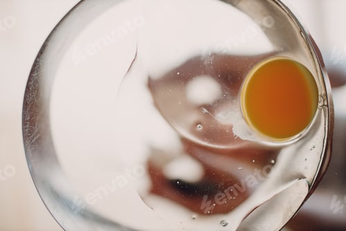 Preview: Woman makes fried eggs scrambled omelette. Cooking breakfast food. Inside bottom view.