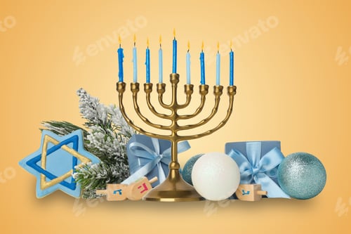 Preview: A menorah with blue candles and holiday decor