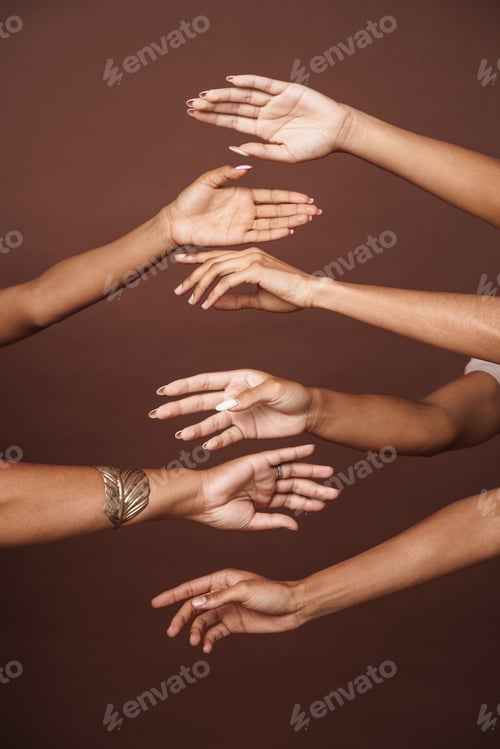 Preview: Young black three women showing her hands at camera