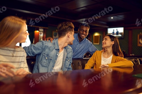 Preview: Smiling friends leisures at the counter in bar