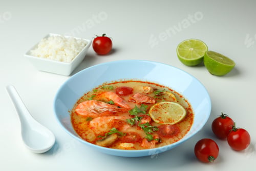 Preview: Tom yum soup and ingredients on white background