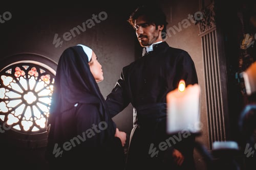 Preview: Nun and priest praying and spending time in the monastery