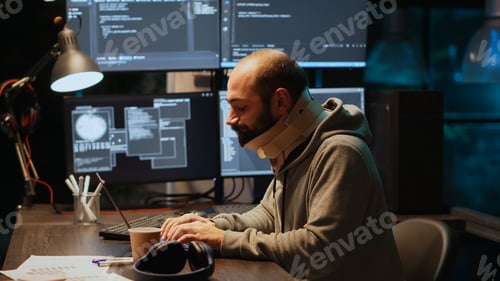 Preview: Adult programmer with neck collar foam coding html script