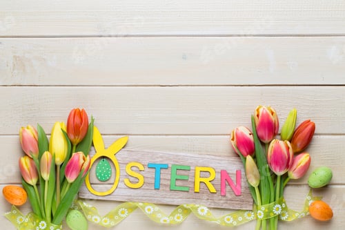 Preview: A colorful spring greetings card with tulips for Easter, Mother's Day.