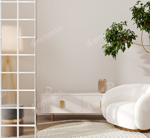Preview: Modern living room interior background with console, wall mockup, 3d render