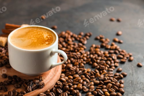 Preview: Coffee Fresh And Hot In A White Cup, Aroma. Serving Of Beverage (Coffee Grain). Food. Top View