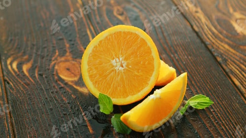 Preview: Ripe cut orange on table