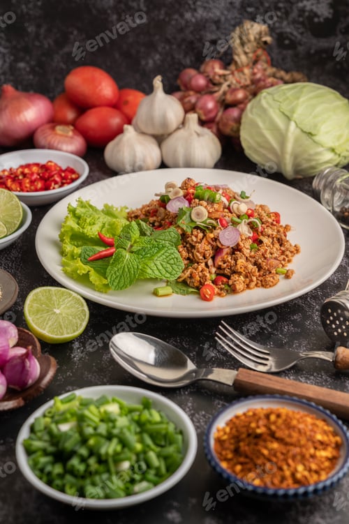 Preview: Spicy minced pork salad with chili flakes, lime, chopped green onions, chilli and roasted rice.