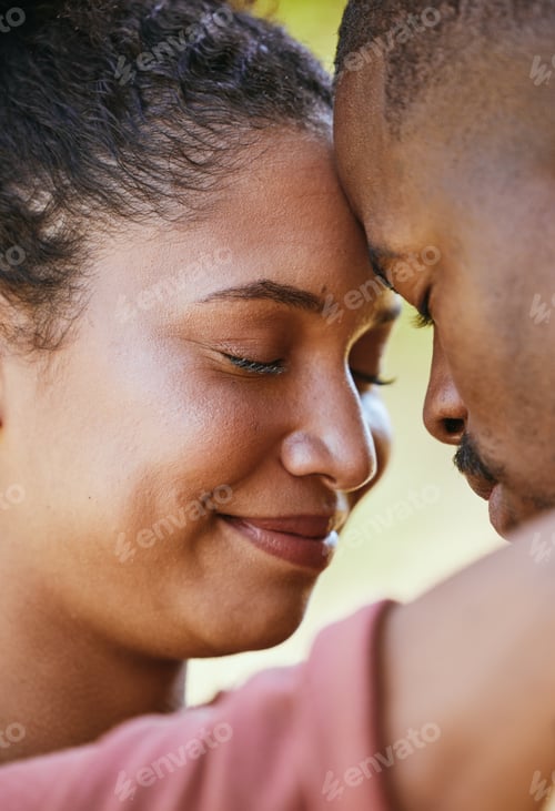 Preview: Face, love and happy with a black couple hugging together outdoor for romance, dating or relationsh