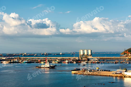 Preview: Industry landscape on sunset Engineering shipping crane depot at logistic export terminal
