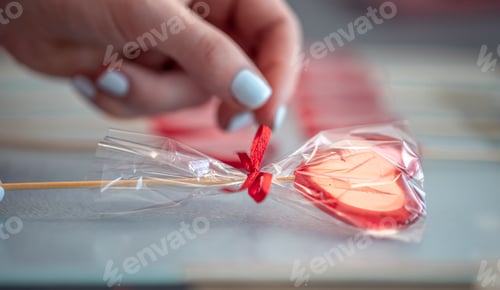 Preview: Red heart-shaped lollipop in female hands, close up.