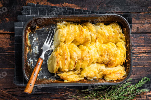 Vista previa: Potato casserole Gratin Dauphinois in a baking dish. Dark wooden background. Top View