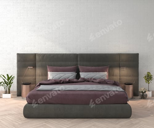 Preview: 3d rendering pink fabric bedroom with lamp and minimal decor and plant