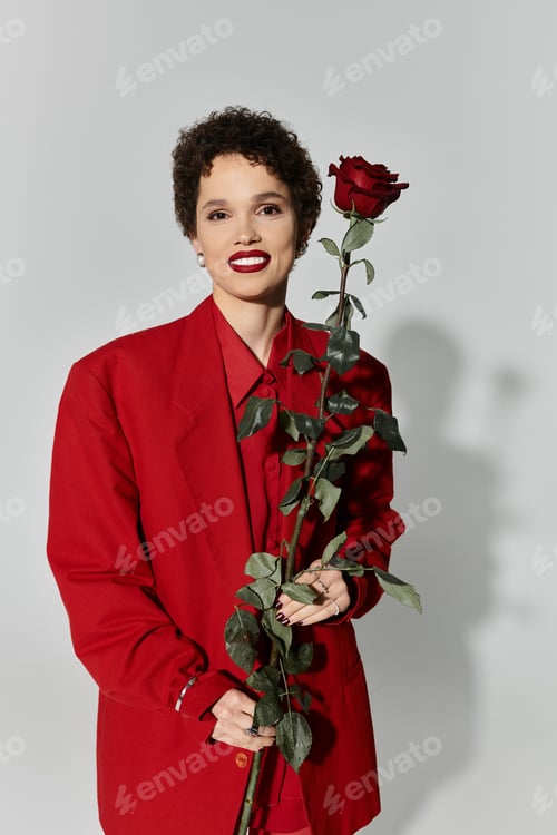 Preview: Captivating beauty in a red outfit holding a rose with a dreamy expression