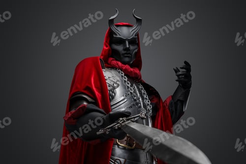 Preview: Medieval dark knight with horned mask holding sword