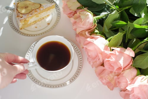 Preview: Cake and Coffee with Roses in Natural Light